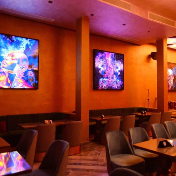 The amber-lit Dulles dining room
